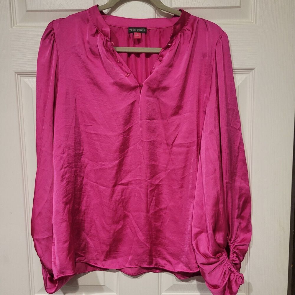 Vince Camuto Vibrant Pink, 1/4 Button Up Long Sleeve Blouse Size Large